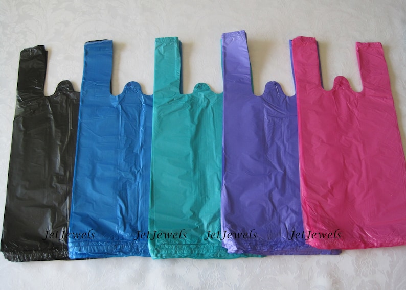 100 Plastic Bags, T Shirt Bags, Hot Pink Plastic Bags, Black Bags, Blue Bags, Purple Bags, TShirt Bags, Plastic Shopping Bags 7x16 image 2