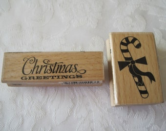 2 Christmas Holiday Rubber Stamps, Candy Cane, X-mas Stamp, Christmas Card Stamp, Cursive Christmas Greetings, Wood Rubber Stamp, Scrapbook