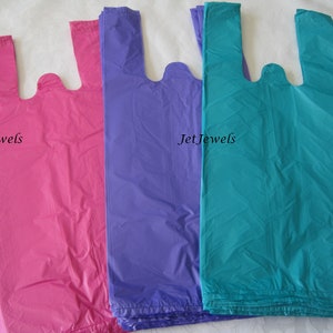 100 Plastic Bags, T Shirt Bags, Hot Pink Plastic Bags, Black Bags, Blue Bags, Purple Bags, TShirt Bags, Plastic Shopping Bags 7x16 image 3