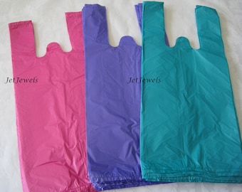 100 Plastic Bags, T Shirt Bags, Hot Pink Plastic Bags, Blue Bags, Purple Bags, TShirt Bags, Plastic Tee Shirt Bags, Shopping Bags 7x16