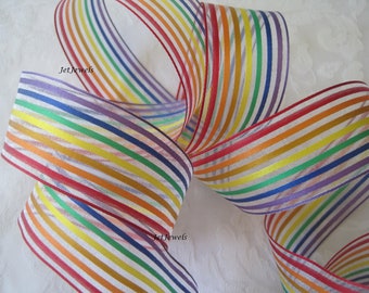 Gay Pride Ribbon, LGBTQ, Wired Ribbon, Rainbow, Stripe Organza Ribbon, Floral Wreath Ribbon, Gift Wrapping, Wire Edge, 1.5 inch, 10 YARDS