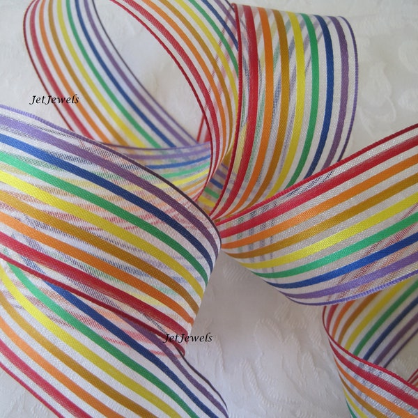 Gay Pride Ribbon, LGBTQ, Wired Ribbon, Rainbow, Stripe Organza Ribbon, Floral Wreath Ribbon, Gift Wrapping, Wire Edge, 1.5 inch, 10 YARDS