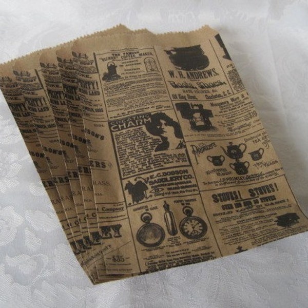 Vintage Newspaper Print Gift Paper Bags  6 x 9  Set of 100