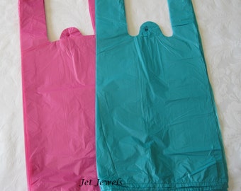 100 Plastic Bags, T Shirt Bags, Plastic Shopping Bag, Plastic Gift Bags, TShirt Bags, Retail Merchandise Bags, Pink Bags, Teal Blue, 7x16