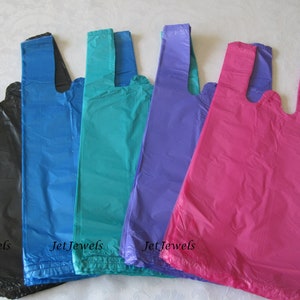 100 Plastic Bags, T Shirt Bags, Hot Pink Plastic Bags, Black Bags, Blue Bags, Purple Bags, TShirt Bags, Plastic Shopping Bags 7x16 image 1