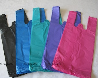 100 Plastic Bags, T Shirt Bags, Hot Pink Plastic Bags, Black Bags, Blue Bags, Purple Bags, TShirt Bags, Plastic Shopping Bags 7x16