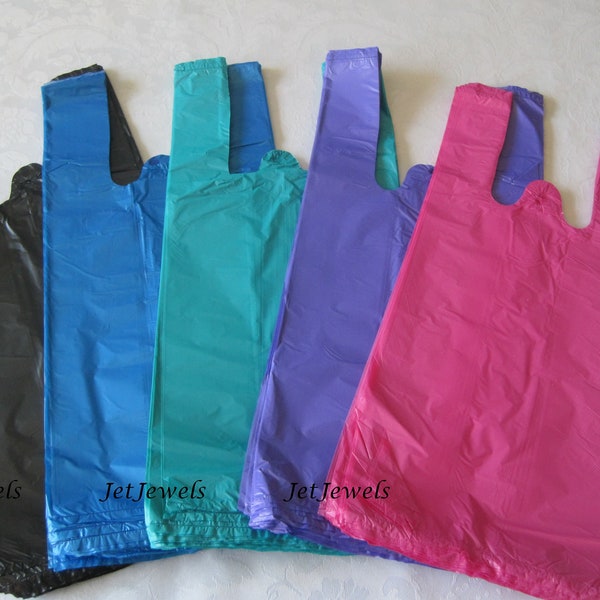 100 Plastic Bags, T Shirt Bags, Hot Pink Plastic Bags, Black Bags, Blue Bags, Purple Bags, TShirt Bags, Plastic Shopping Bags 7x16