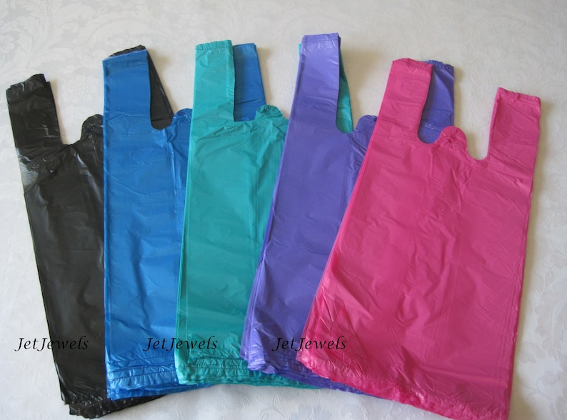 100 Plastic Bags, T Shirt Bags, Hot Pink Plastic Bags, Black Bags, Blue Bags, Purple Bags, TShirt Bags, Plastic Shopping Bags 7x16 image 1