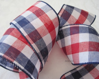 Red and Blue Checkered Wired Ribbon, 4th of July Independence Day, Floral Wreath Ribbon, Gift Wrapping, 2.5 inch, 10 YARDS