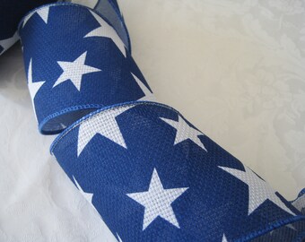 Navy Blue Patriotic Ribbon, Wired Ribbon, 4th of July, White Stars,  Floral Wreath Ribbon, Gift Wrap, 4 inches, 10 YARDS