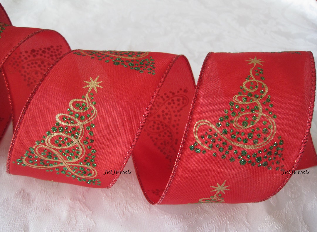 Red Christmas Ribbon, Wired Ribbon, Christmas Tree, Glitter Ribbon