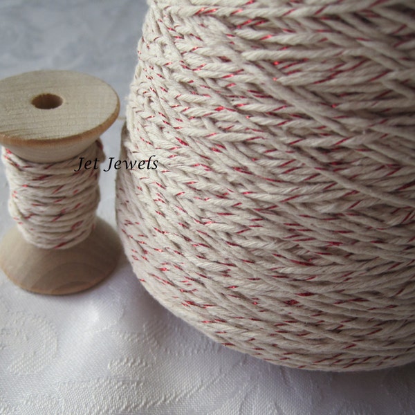 Cotton Twine, Bakers Twine, Red String, Red Metallic, Christmas Holiday Gift Wrap, Rustic Gift Wrapping, On Wood Spool, 25 YARDS