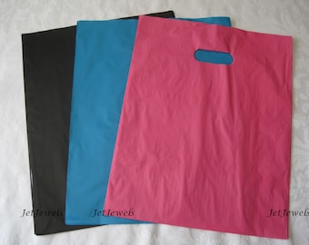 50 Plastic Bags, Plastic Shopping Gift Bag, Retail Boutique Store Bags, Pink, Black, Blue, Party Favor Bags, 12x15