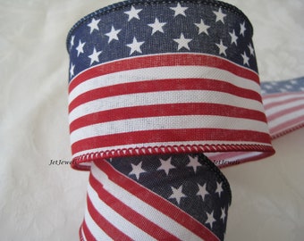 Patriotic Stars and Stripes Ribbon, Wired Ribbon, 4th of July, US American Flag, Floral Wreath Ribbon, Gift Wrap, 2.5 inch, 10 YARDS