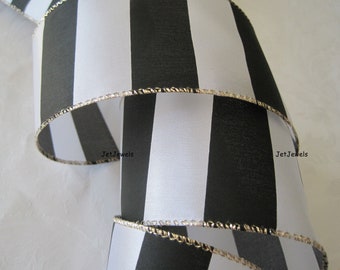 Black Wired Ribbon, Black and White Stripes, Floral Wreath Ribbon, Christmas Holiday Ribbon, Garland, Gold Wire Edge, 2.5 inch, 10 YARDS