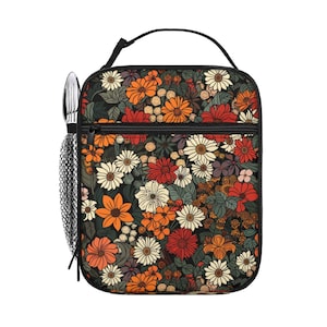 Bolsa de almuerzo portátil con aislamiento de mano, diseño floral retro vintage, lonchera de flores estéticas para mujeres y adolescentes | Regreso a la escuela