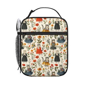 Cottagecore Cats Back to School Lunchtasche | Vintage skurriles Blumendesign | Verrückte Katzendame | Geschenke für Katzenliebhaber