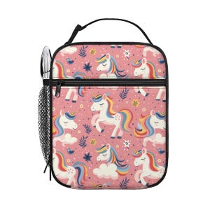 Whimsical Unicorn Bolsa de almuerzo portátil con aislamiento de mano para niñas | Linda estética rosa | Regreso a la escuela para niños pequeños Kindergarten