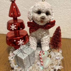 Christmas Dog Decor, Dog with Christmas Tree, Red and White Christmas Decor, White Dog with Red Trim