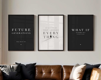 May include: Three framed black and white motivational posters with inspirational quotes. The posters are hanging on a white wall above a brown leather sectional sofa with black throw pillows.