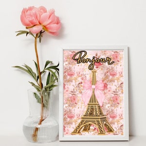 Trendy Pink Floral Girly Coquette Bow Paris Digital Art, Preppy Poster, Girly Wall Art, Coquette Room Decor, College Apartment Decor,