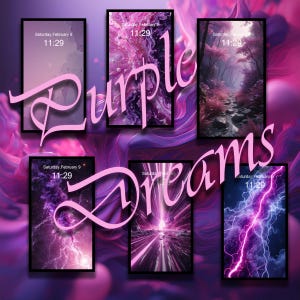 May include: A collage of six phone screens with purple and pink backgrounds. The screens display different images, including a galaxy, a forest, and a lightning bolt. The text "Purple Dreams" is written in pink across the images.