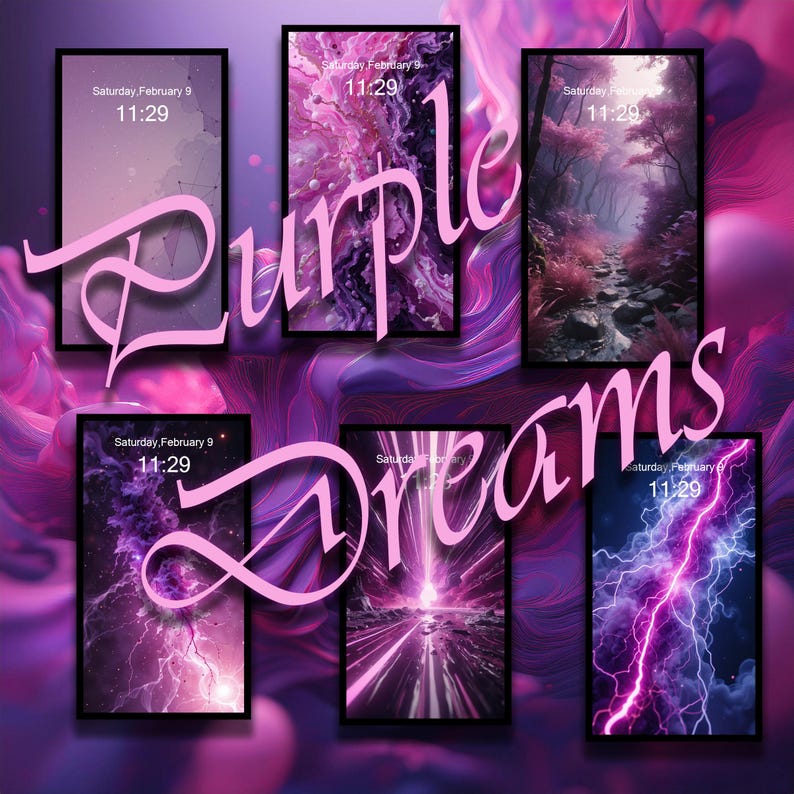 May include: A collage of six phone screens with purple and pink backgrounds. The screens display different images, including a galaxy, a forest, and a lightning bolt. The text "Purple Dreams" is written in pink across the images.