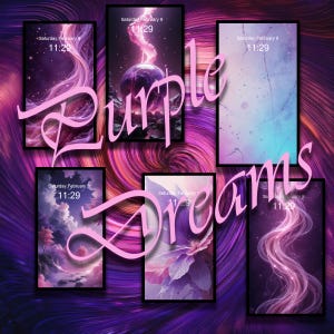 May include: A collage of six phone screens with purple and pink backgrounds. The screens display different images, including a planet with lightning, a cloudy sky, a flower, and a swirling galaxy. The text "Purple Dreams" is written in pink across the images.