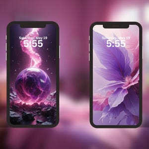 May include: Two iPhone mockups with different backgrounds. The left phone has a purple and black background with a glowing orb and the text "Saturday, May 19 5:55". The right phone has a purple and pink background with a purple flower and the text "Saturday, May 19 5:55".