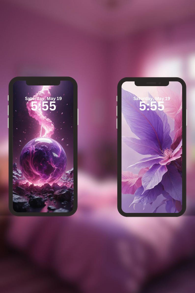 May include: Two iPhone mockups with different backgrounds. The left phone has a purple and black background with a glowing orb and the text "Saturday, May 19 5:55". The right phone has a purple and pink background with a purple flower and the text "Saturday, May 19 5:55".