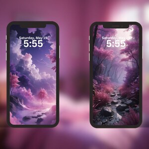 May include: Two phone screens displaying a purple and pink landscape with a cloudy sky and a stream. The time is 5:55 on both screens. The text on the screen reads "Saturday, May 19".
