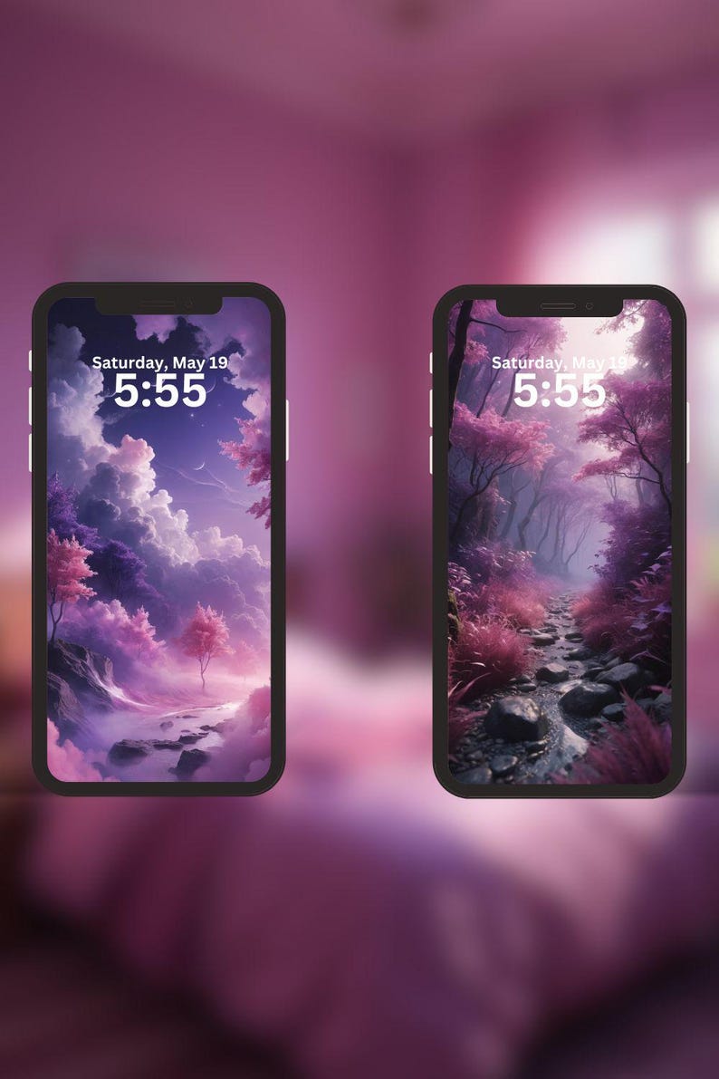 May include: Two phone screens displaying a purple and pink landscape with a cloudy sky and a stream. The time is 5:55 on both screens. The text on the screen reads "Saturday, May 19".