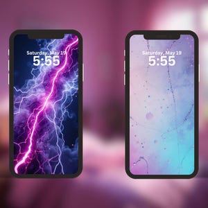 May include: Two smartphone mockups with different backgrounds. The left phone has a purple and black lightning bolt background with the time 5:55 and the date Saturday, May 19. The right phone has a light blue and pink background with white dots and the time 5:55 and the date Saturday, May 19.