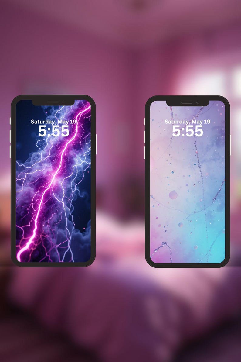May include: Two smartphone mockups with different backgrounds. The left phone has a purple and black lightning bolt background with the time 5:55 and the date Saturday, May 19. The right phone has a light blue and pink background with white dots and the time 5:55 and the date Saturday, May 19.