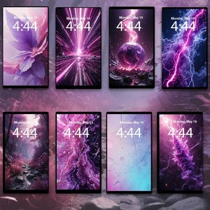 May include: A collage of twelve phone wallpapers featuring abstract designs in shades of purple and pink. The wallpapers feature various designs, including lightning bolts, flowers, and swirling patterns.