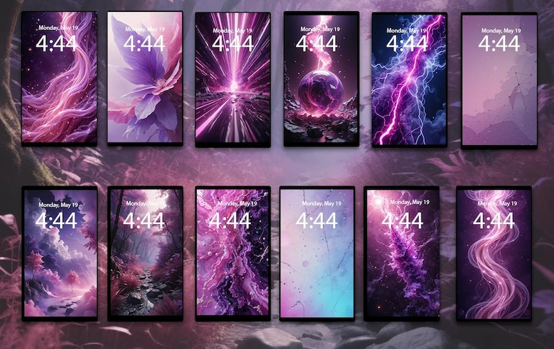 May include: A collage of twelve phone wallpapers featuring abstract designs in shades of purple and pink. The wallpapers feature various designs, including lightning bolts, flowers, and swirling patterns.