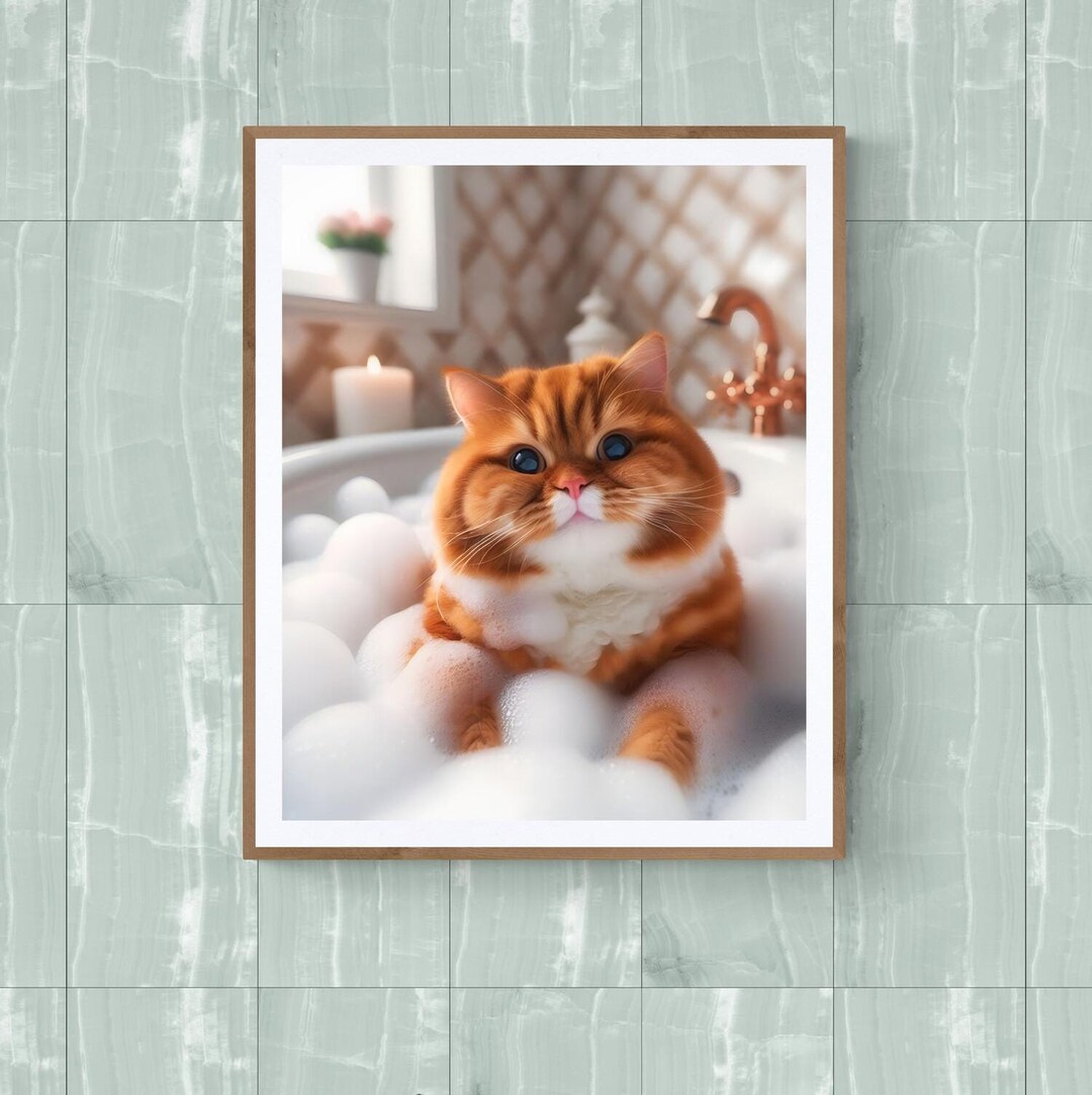 Bathtub Wall Art Ginger Cat Poster Big Cat Wall Decor Toilet Cat Wall ...