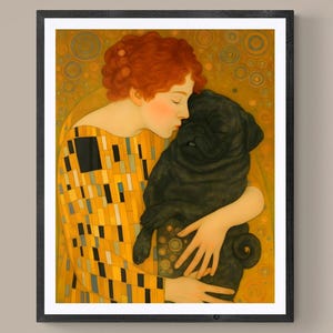 May include: A painting in the style of Gustav Klimt, featuring a woman with red hair embracing a black pug. The woman is wearing a dress with a geometric pattern of yellow, black, and white squares. The background is a gold and yellow color with swirling circles.