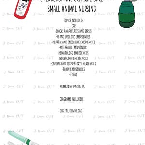 Puede incluir: Gráfico de descarga digital para enfermería veterinaria de emergencia y cuidados críticos de animales pequeños. La imagen incluye ilustraciones de equipos médicos y una lista de temas como RCP, shock y triaje. El documento tiene 55 páginas e incluye diagramas.