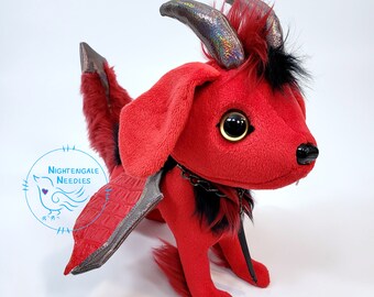 Stray Hellhound Devil Puppy OOAK Poseable Artisan Plush with Bat Wings, Devil Tail, and Faux Fur Tail