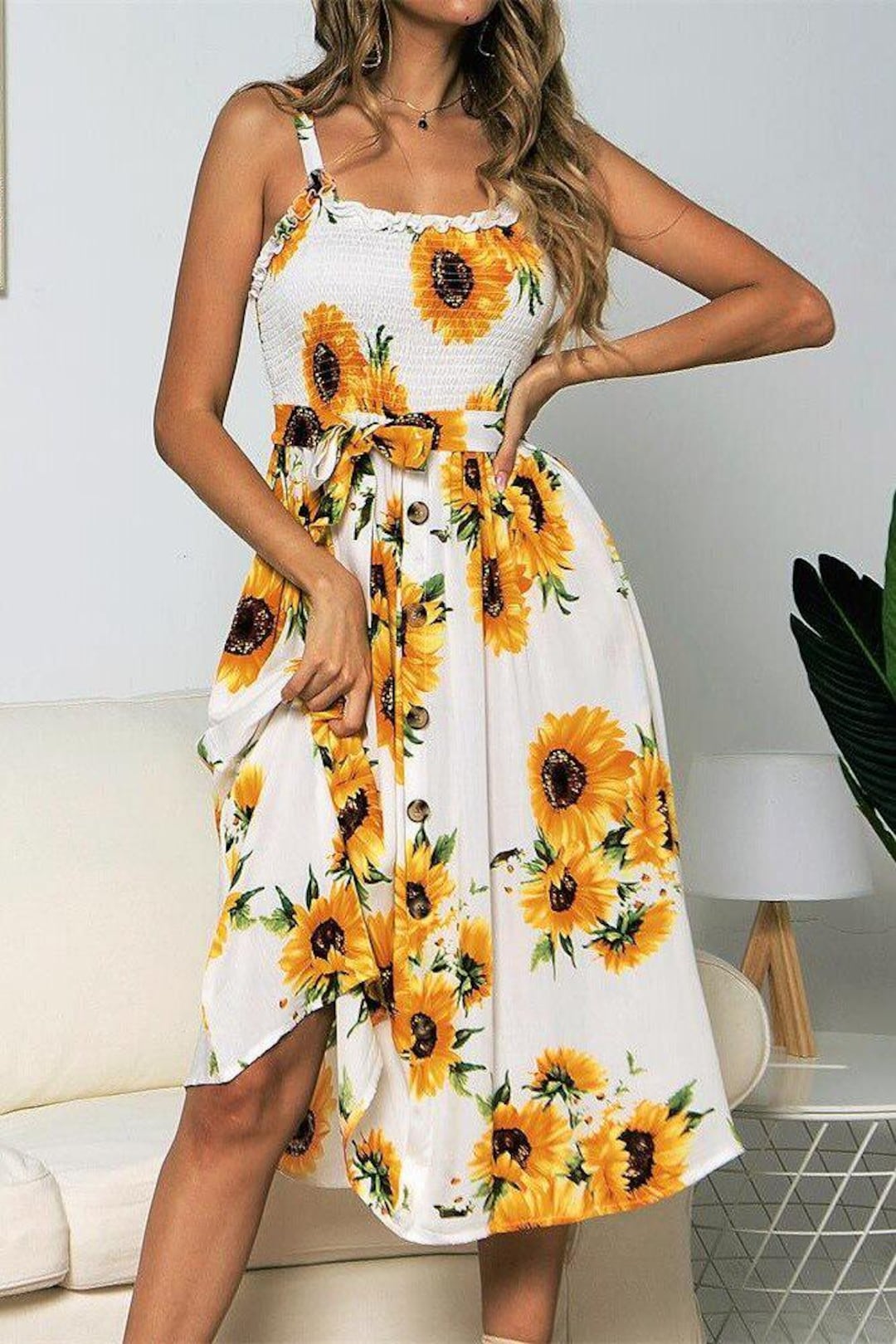 【ytp2000】Sunflower-Printed Midi Dress Sunflower Pattern Dress, Ankle-length Slip Dress (all-over