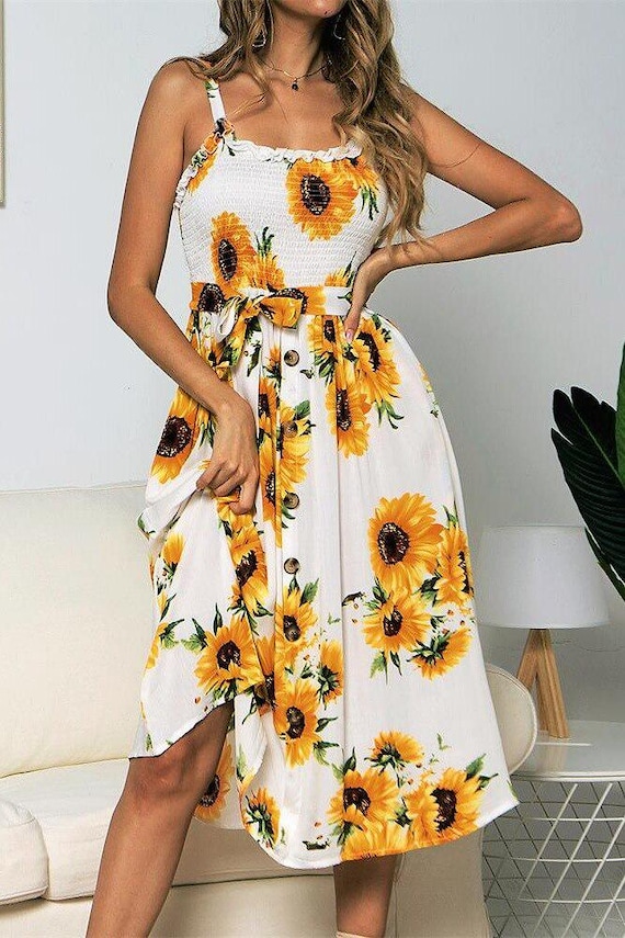 Sunflower-Printed Midi DressサイズM KITRI Women's Rosemary Blue Sunflower Print Midi Dress, Blue