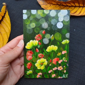 Mini pintura original de arte contemporáneo en acrílico con flores brillantes. Regalo para amigos, familiares y colegas. Decoración.