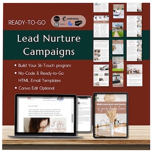 May include: A digital marketing campaign for real estate agents. The image shows a laptop screen with an email template, a phone screen with a text message, and a collage of email templates. The text on the image reads "Ready-to-Go Lead Nurture Campaigns", "Build Your 36-Touch Program", "No-Code & Ready-to-Go", "HTML Email Templates", and "Canva Edit Optional".