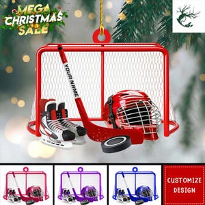 Enfeite de Natal personalizado de hóquei no gelo com dois lados, enfeite plano de Natal com logotipo de time de hóquei personalizado, enfeite de acrílico/madeira em formato