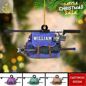 Adorno plano personalizado con forma de bolsa de pesca, adorno con forma de pescador, decoración para árbol de Navidad, adorno de acrílico/madera, idea de regalo navideño para pescadores.