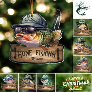 Adorno plano personalizado &quot;Gone Fishing&quot;, regalo con nombre personalizado para amantes de la pesca, adorno de pesca personalizado, adorno de pesca acrílico/madera 2025