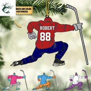 Enfeite plano personalizado de jogador de hóquei no gelo, enfeite de Natal para amantes de hóquei, enfeite de acrílico/madeira com formato personalizado, decoração de Natal 2025