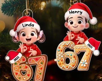 Christmas Pattern Custom Six Seven 67 Ornament, Personalized Acrylic Ornament, Teen Slang Funny Tree Decor, Funny Teen Grandkid Gift