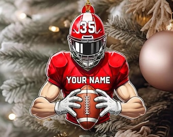 Aangepast voetbalornament, gepersonaliseerd spelersshirt, gegraveerde naam en nummer, kerstversiering voetbal